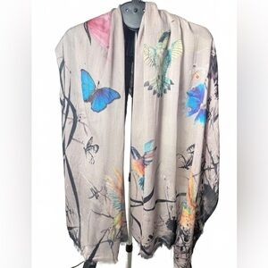 SAACHI Beige Scarf with Multicolor Bird and Butterfly Print